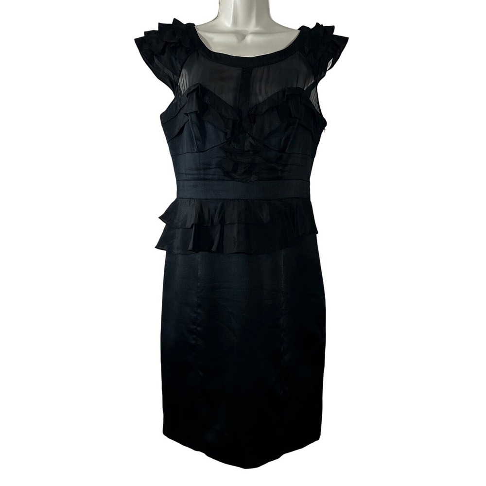 Karen Millen Black Silk Blend Ruffle Sheath Dress Y2K Gothic US 8 EU 40 UK 12